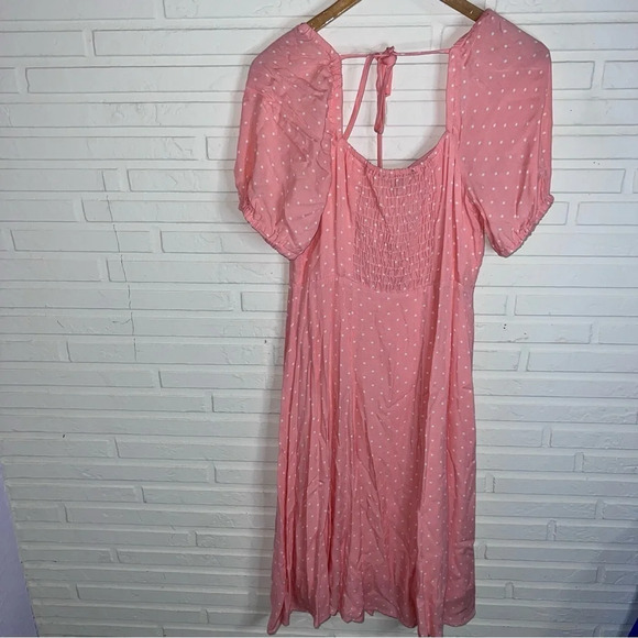 Gibson Pink White Polka Dot Puffed Short Sleeve Midi Smocked Dress, Size Small - Picture 5 of 9